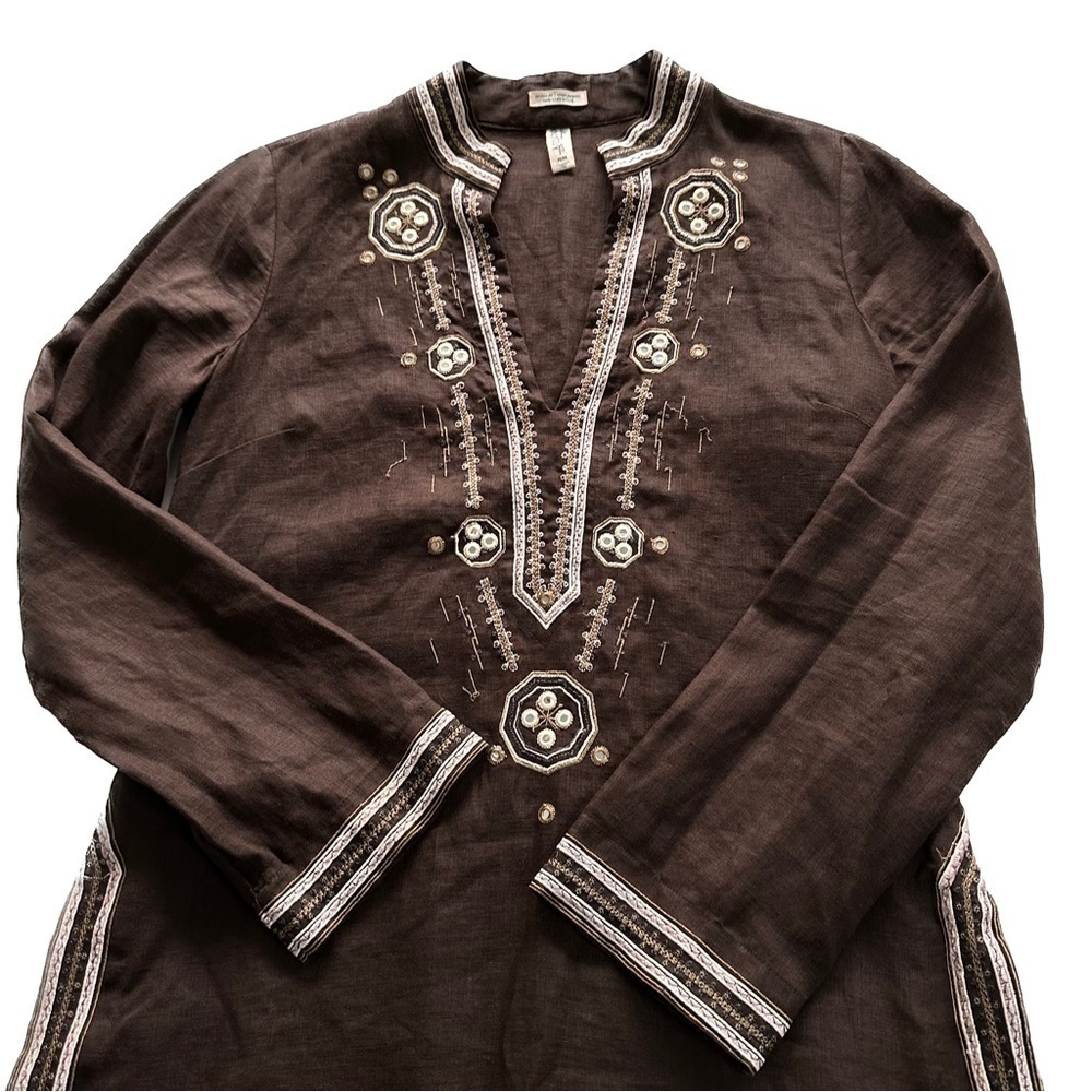 Old Navy Linen Ethnic Tunic Festive Embroidered Trim Boho Brown Size Medium